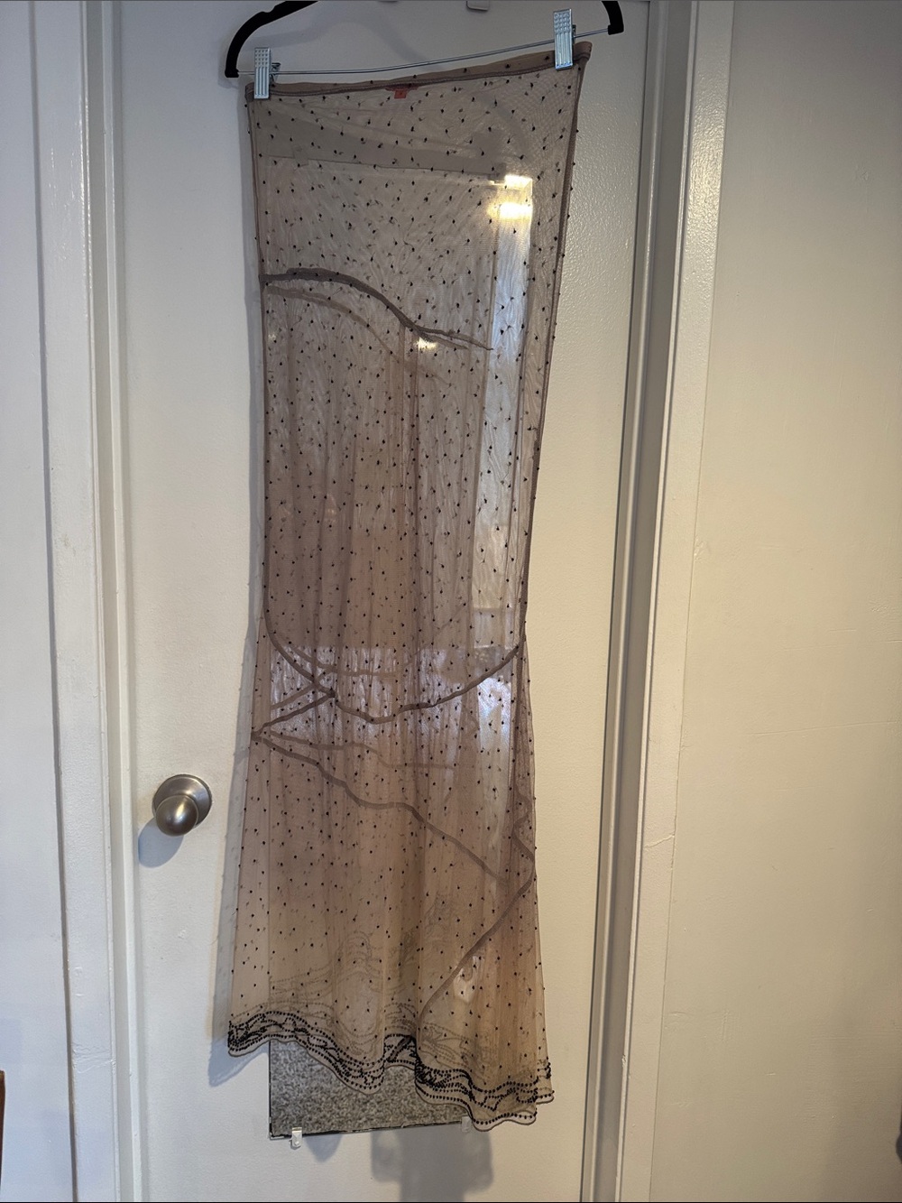 Chan Luu Tan Nude Elastic Waist Asymmetrical Black Beaded Maxi Skirt Size Small